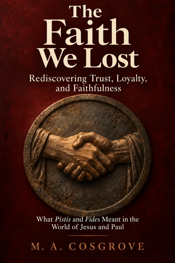 Cover of The Faith We Lost by M. A. Cosgrove: a bronze medallion of two clasped hands on a deep red ground.