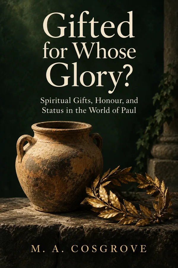 Cover of Gifted for Whose Glory? by M. A. Cosgrove: a weathered clay jar beside a golden laurel wreath on a stone ledge.
