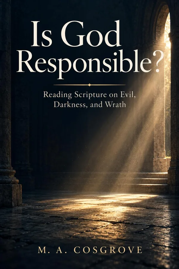 Cover of Is God Responsible? by M. A. Cosgrove: a shaft of sunlight falling through an arched doorway onto the stone floor of a dark hall.